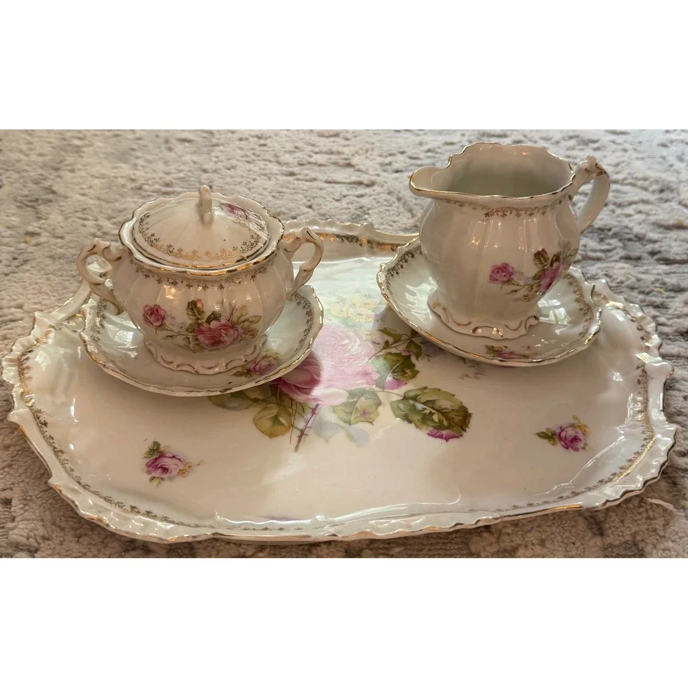 Vintage Porcelain Rose Tea Set Gold Gilded Tray Sugar Bowl Creamer 6 Piece